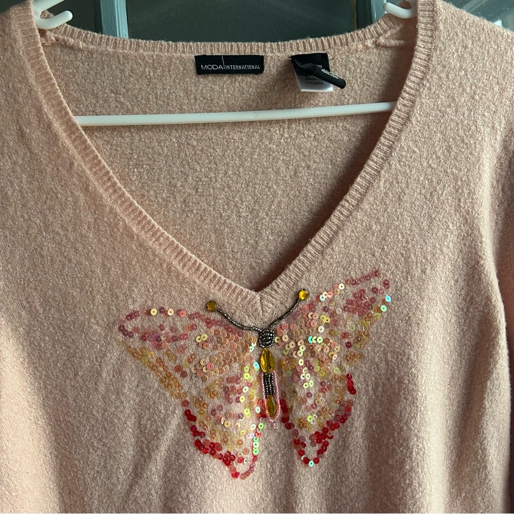 Y2K Vintage Beaded Sequin Butterfly Long Sleeve Rabbit Hair Sweater Coral Pink M - Picture 3 of 8